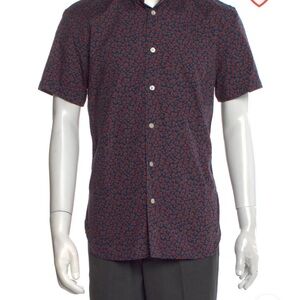 Hiroshi Kato Floral Button-down Short-sleeve Shirt Size Large in Red/Navy